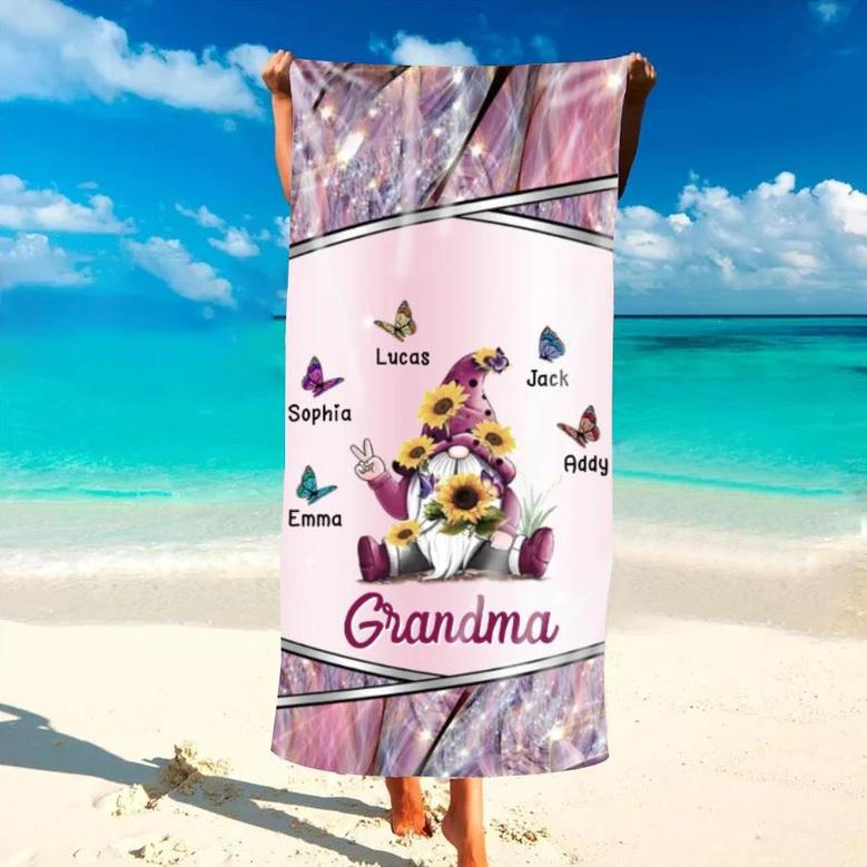 Sparkling Grandma Gnome Butterfly Kids Personalized Beach Towels