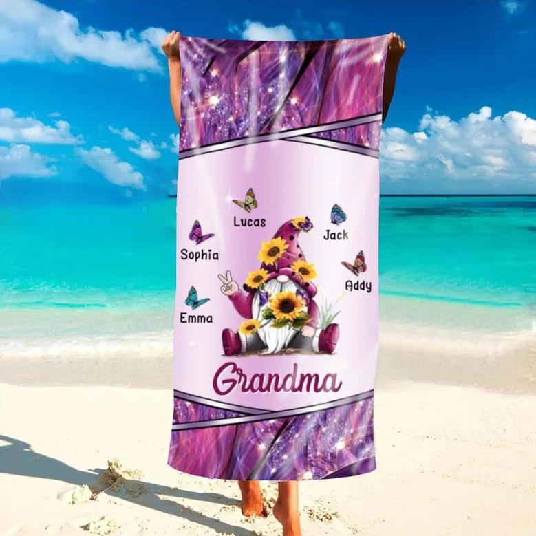 Sparkling Grandma Gnome Butterfly Kids Personalized Beach Towels