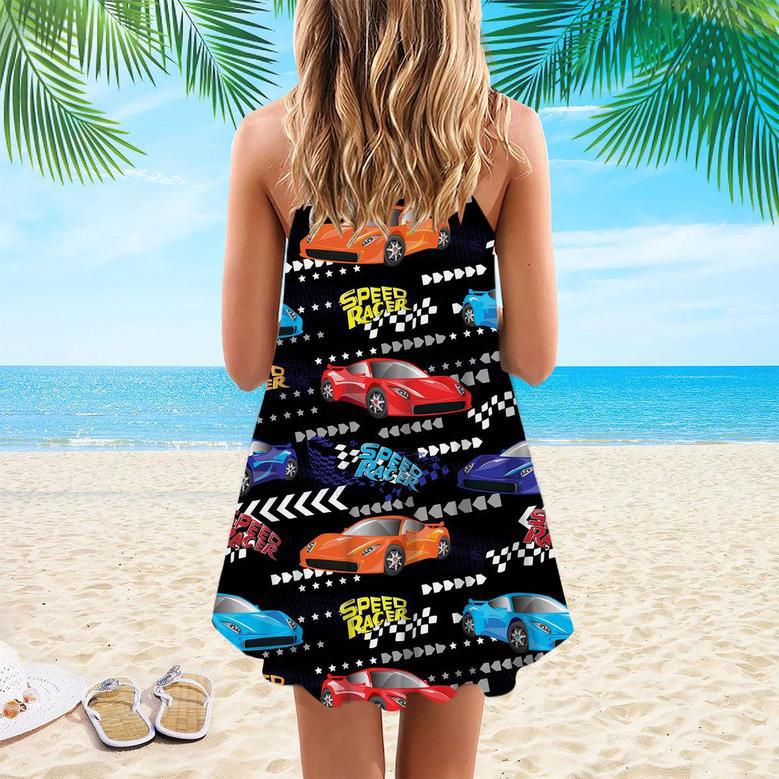 Speed Racer Car On Grunge Cracked Shape Spaghetti Strap Summer Dress