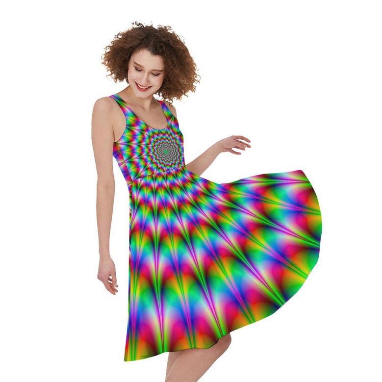 Spiky Psychedelic Optical Illusion Sleeveless Knee Length Dress