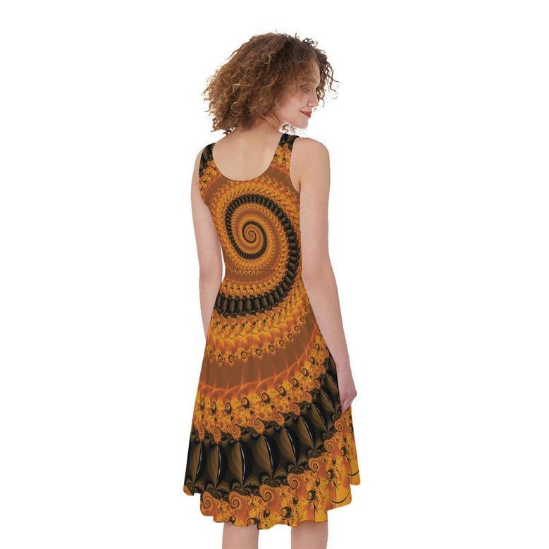 Spiral Fractal Print Sleeveless Knee Length Dress