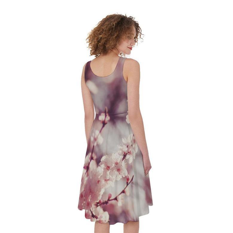 Spring Cherry Blossom Print Sleeveless Knee Length Dress