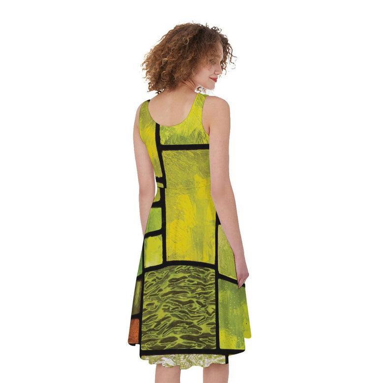 Square Stained Glass Mosaic Print Sleeveless Knee Length Dress