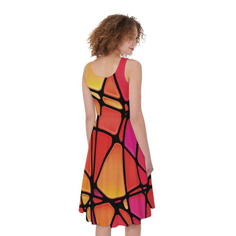 Stained Glass Mosaic Pattern Print Sleeveless Knee Length Dress