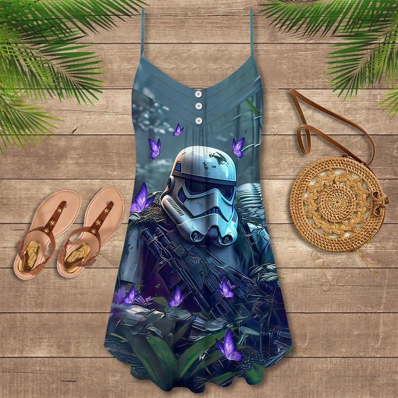 Starwars Stormtrooper In The Jungle With Purple Flowers - V-Neck Sleeveless Cami Dress