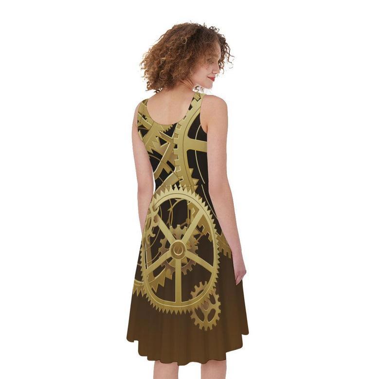 Steampunk Cogwheels Print Sleeveless Knee Length Dress