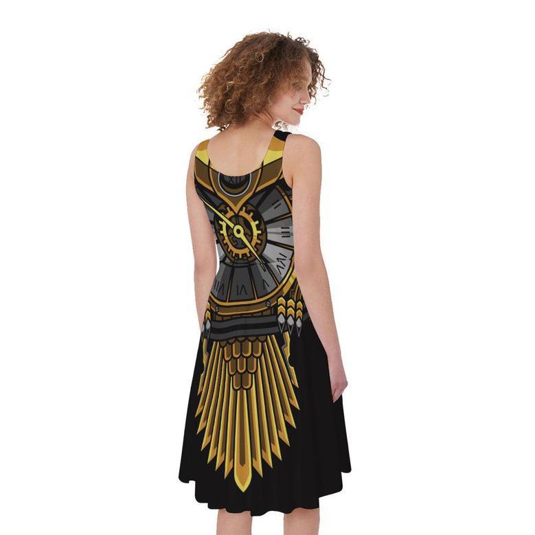 Steampunk Owl Print Sleeveless Knee Length Dress