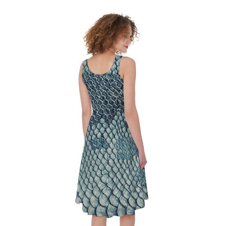 Steel Blue Snakeskin Print Sleeveless Knee Length Dress