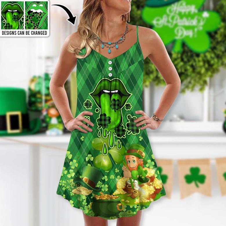 St.Patrick's Day Lucky Lips Vibe Art Style - V-Neck Sleeveless Cami Dress