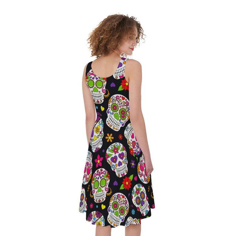 Sugar Skull Pattern Print Sleeveless Knee Length Dress