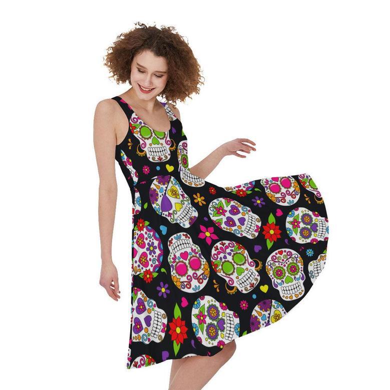 Sugar Skull Pattern Print Sleeveless Knee Length Dress