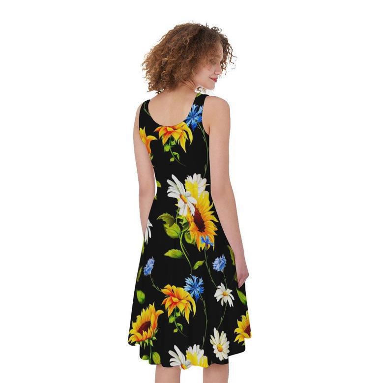 Sunflower Chamomile Pattern Print Sleeveless Knee Length Dress