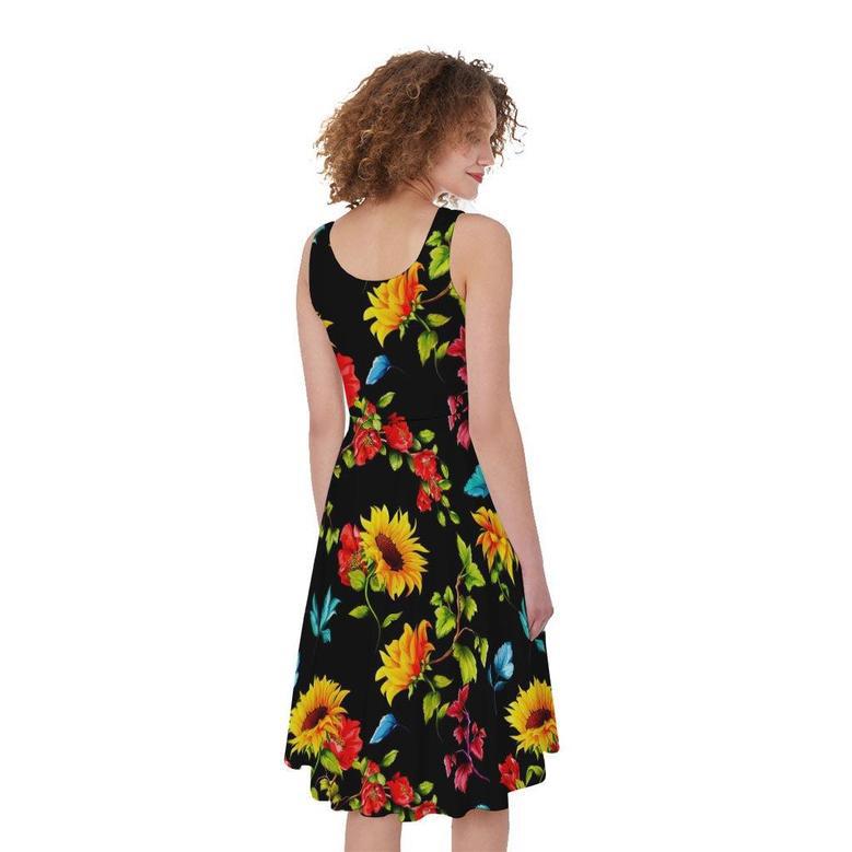 Sunflower Floral Pattern Print Sleeveless Knee Length Dress