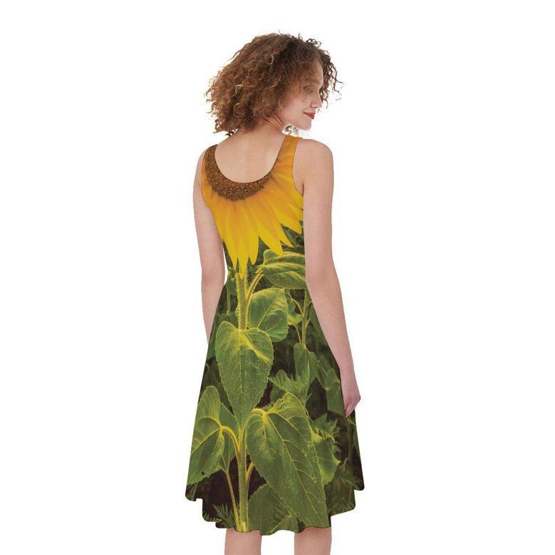 Sunflower Landscape Print Sleeveless Knee Length Dress