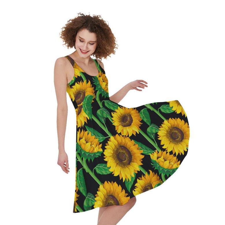 Sunflower Pattern Print Sleeveless Knee Length Dress