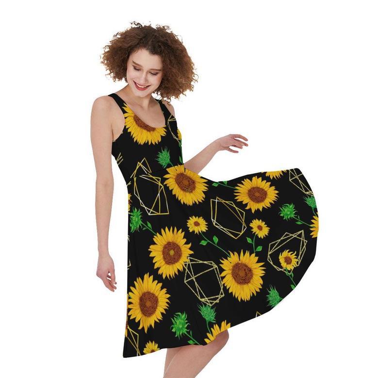 Sunflower Polygonal Pattern Print Sleeveless Knee Length Dress