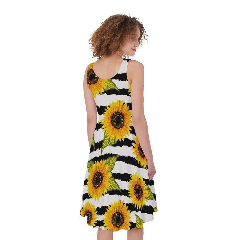 Sunflower Striped Pattern Print Sleeveless Knee Length Dress