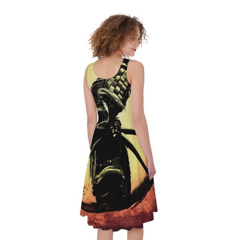 Sunset Samurai Warrior Print Sleeveless Knee Length Dress