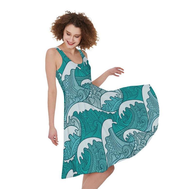 Surfing Wave Pattern Print Sleeveless Knee Length Dress