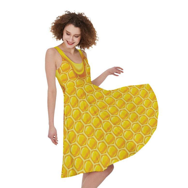 Sweet Honey Honeycomb Print Sleeveless Knee Length Dress