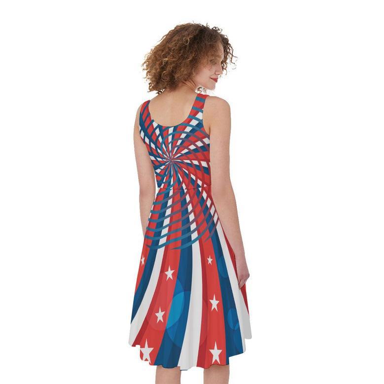 Swirly American Patriotic Print Sleeveless Knee Length Dress