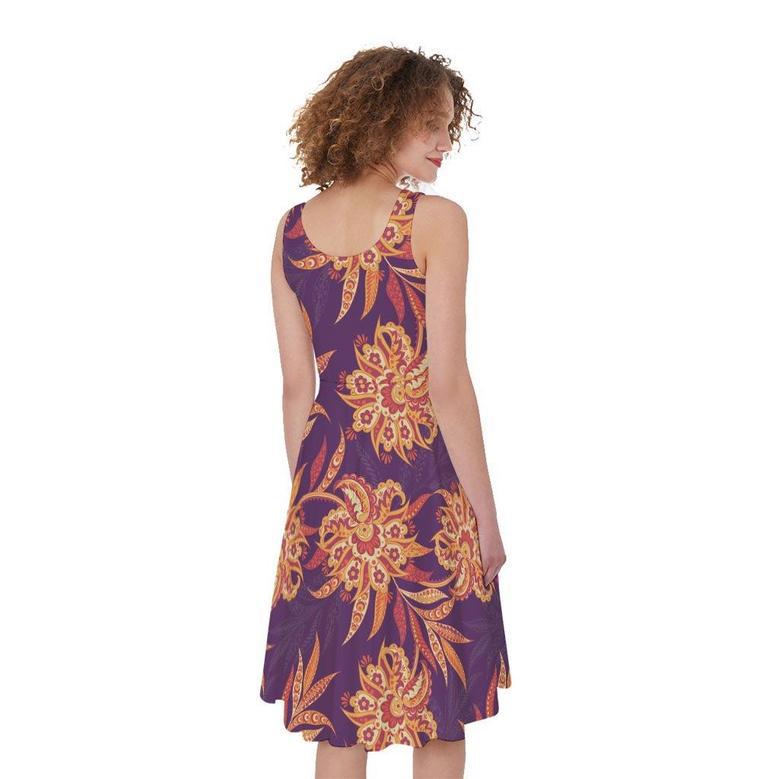 Tangerine Floral Bohemian Pattern Print Sleeveless Knee Length Dress