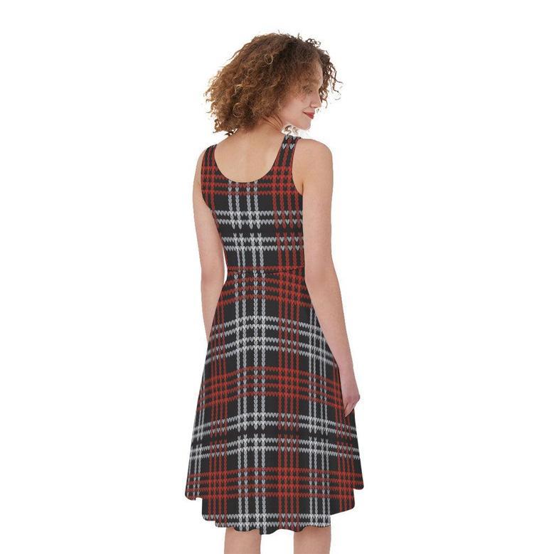 Tartan Knitted Pattern Print Sleeveless Knee Length Dress