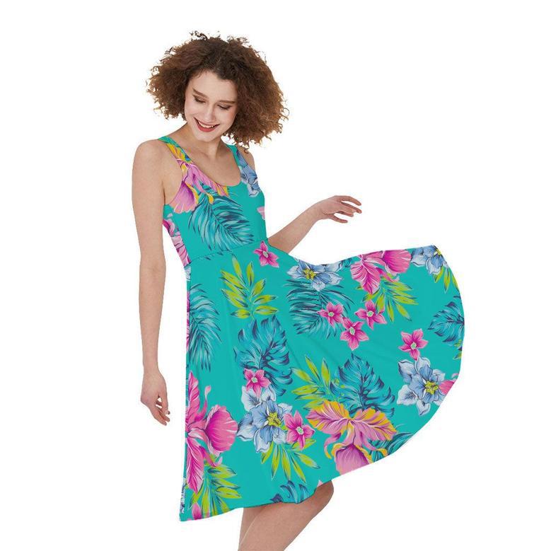 Teal Aloha Tropical Pattern Print Sleeveless Knee Length Dress