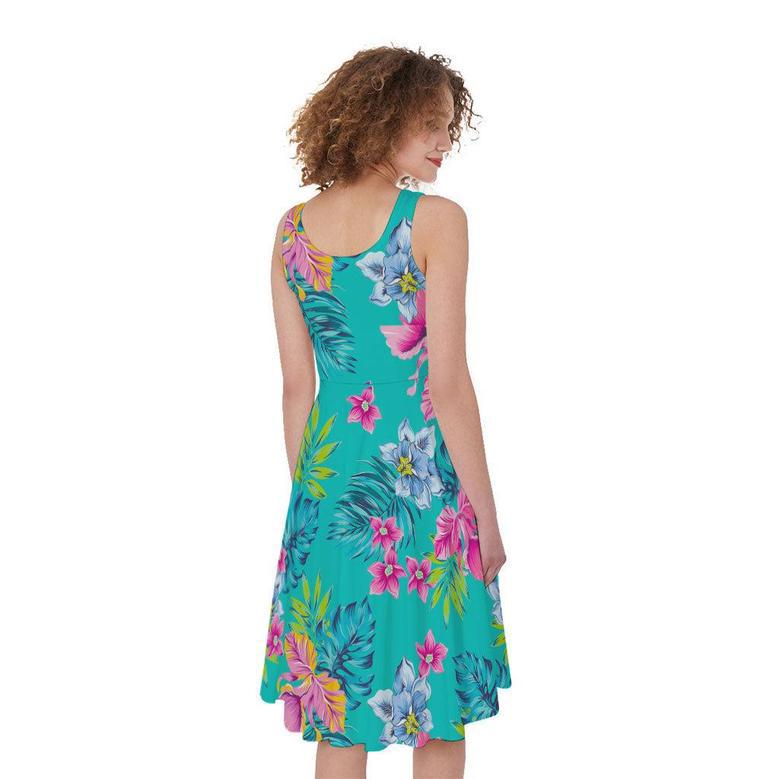 Teal Aloha Tropical Pattern Print Sleeveless Knee Length Dress