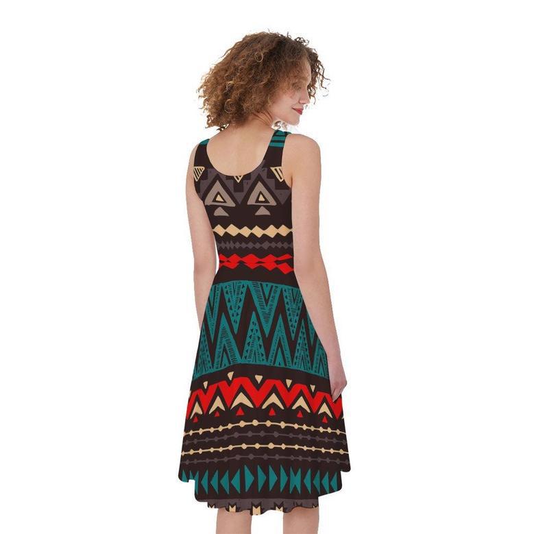 Teal And Brown Aztec Pattern Print Sleeveless Knee Length Dress