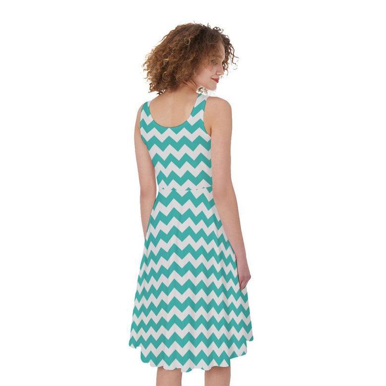 Teal And White Chevron Pattern Print Sleeveless Knee Length Dress