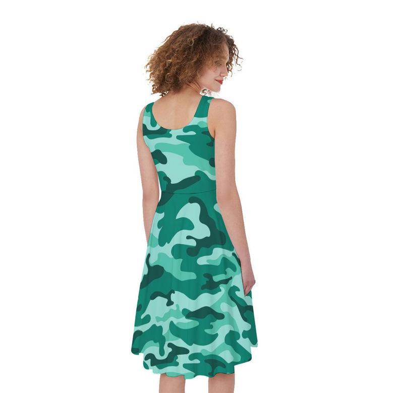 Teal Camouflage Print Sleeveless Knee Length Dress