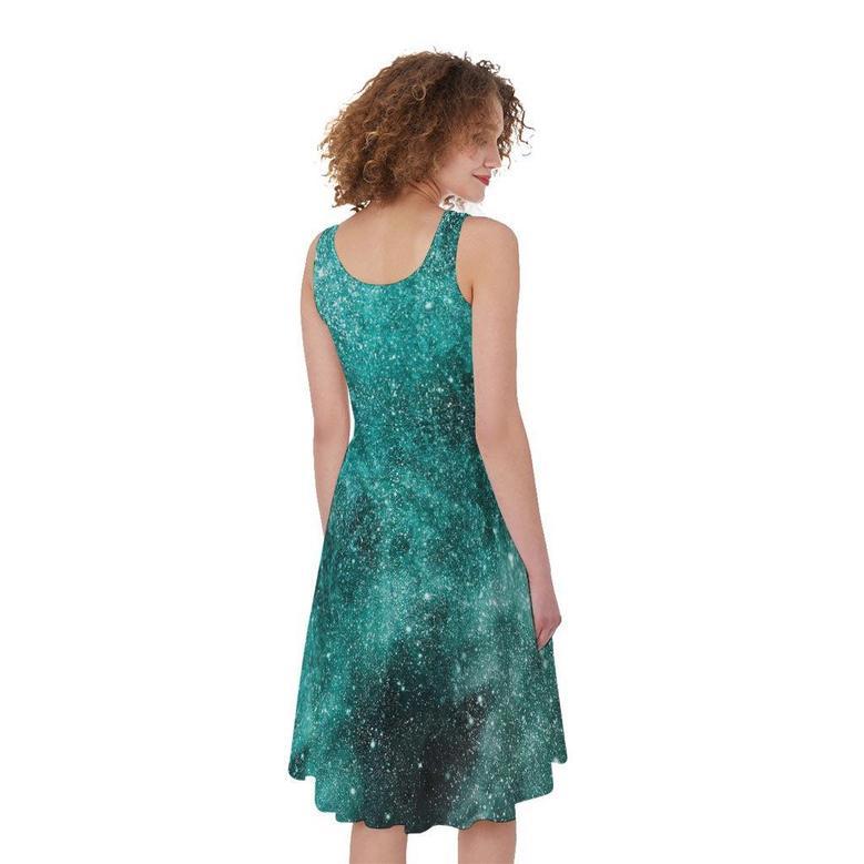 Teal Stardust Galaxy Space Print Sleeveless Knee Length Dress