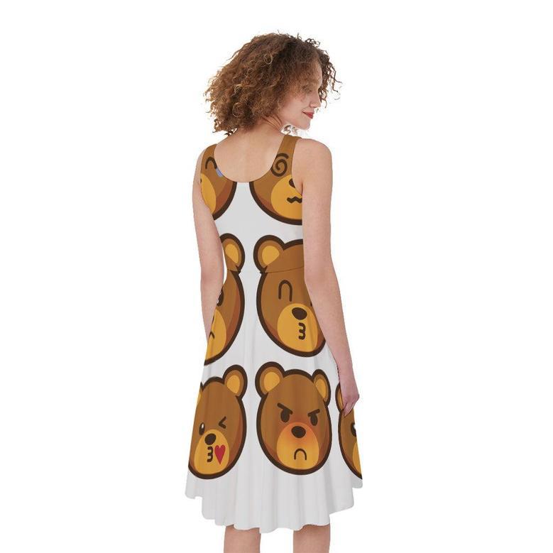 Teddy Bear Emoji Print Sleeveless Knee Length Dress