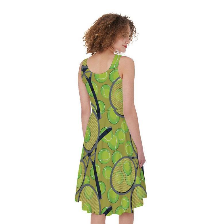 Tennis Ball And Racket Pattern Print Sleeveless Knee Length Dress