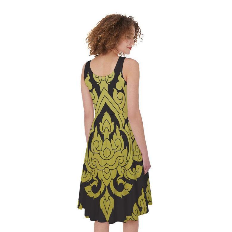 Thai Ornament Pattern Print Sleeveless Knee Length Dress