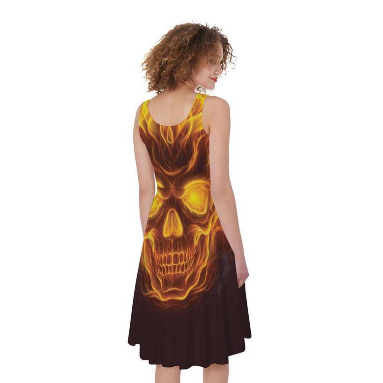 Three Flaming Skull Print Sleeveless Knee Length Dress