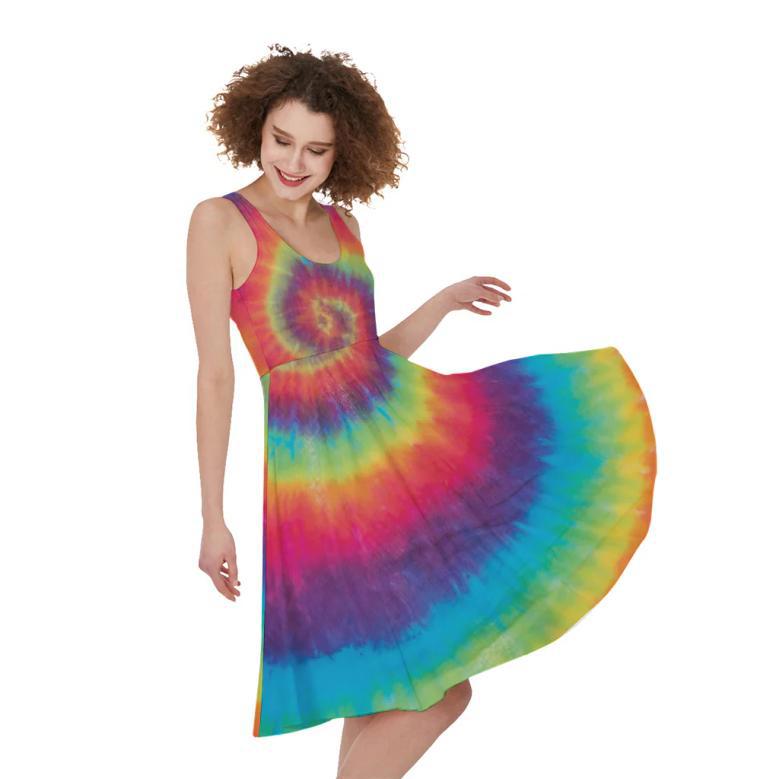 Tie Dye Print Sleeveless Knee Length Dress