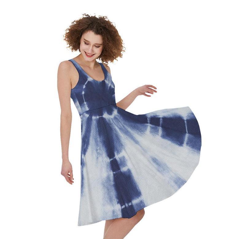 Tie Dye Shibori Print Sleeveless Knee Length Dress