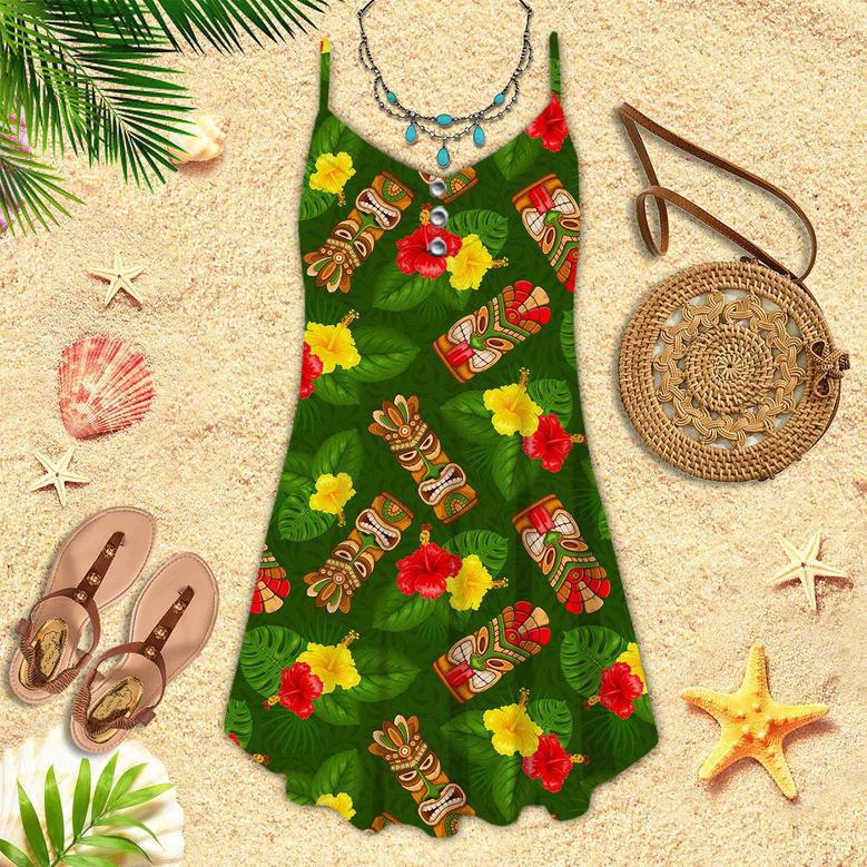 Tiki Mask Hibiscus Flowers Tropical Summer On Paradise Beach Spaghetti Strap Summer Dress