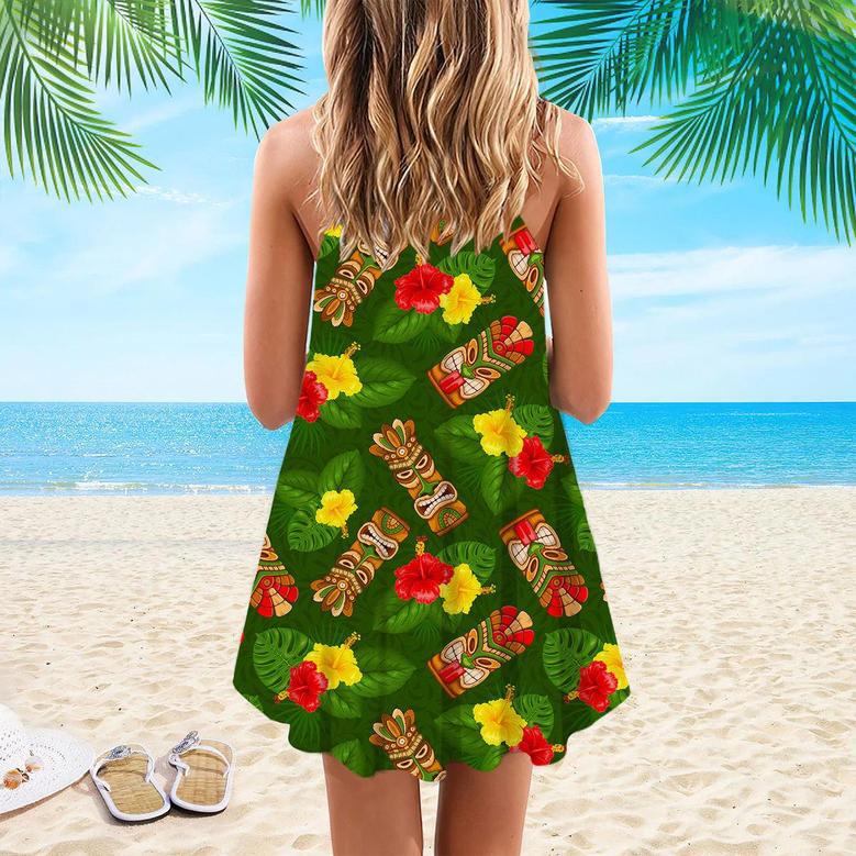 Tiki Mask Hibiscus Flowers Tropical Summer On Paradise Beach Spaghetti Strap Summer Dress