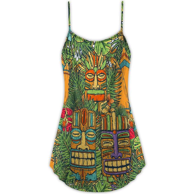 Tiki Mask Tropical Hawaii Sur Board And Palm Leaves - V-Neck Sleeveless Cami Dress