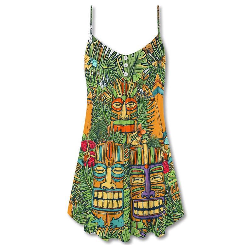 Tiki Mask Tropical Hawaii Sur Board And Palm Leaves - V-Neck Sleeveless Cami Dress