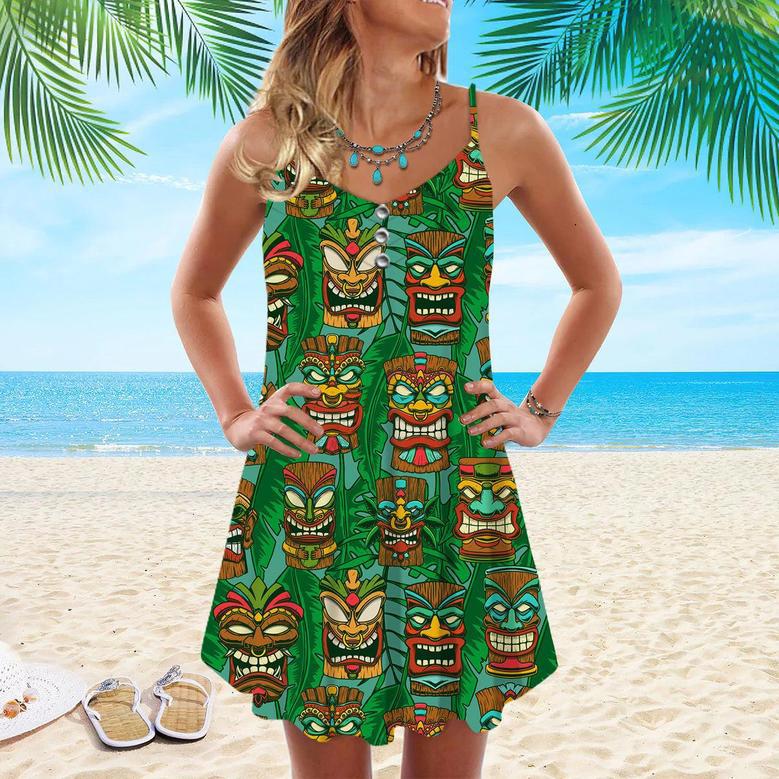 Tiki Palm Leaves Tropical Spaghetti Strap Summer Dress