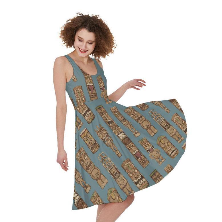 Tiki Totem Pattern Print Sleeveless Knee Length Dress