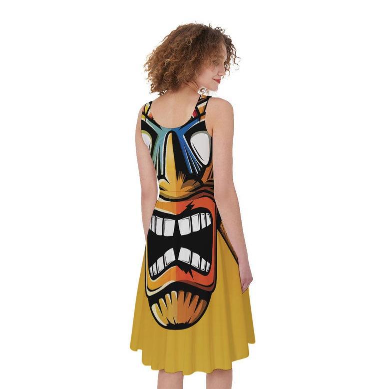 Tiki Totem Print Sleeveless Knee Length Dress