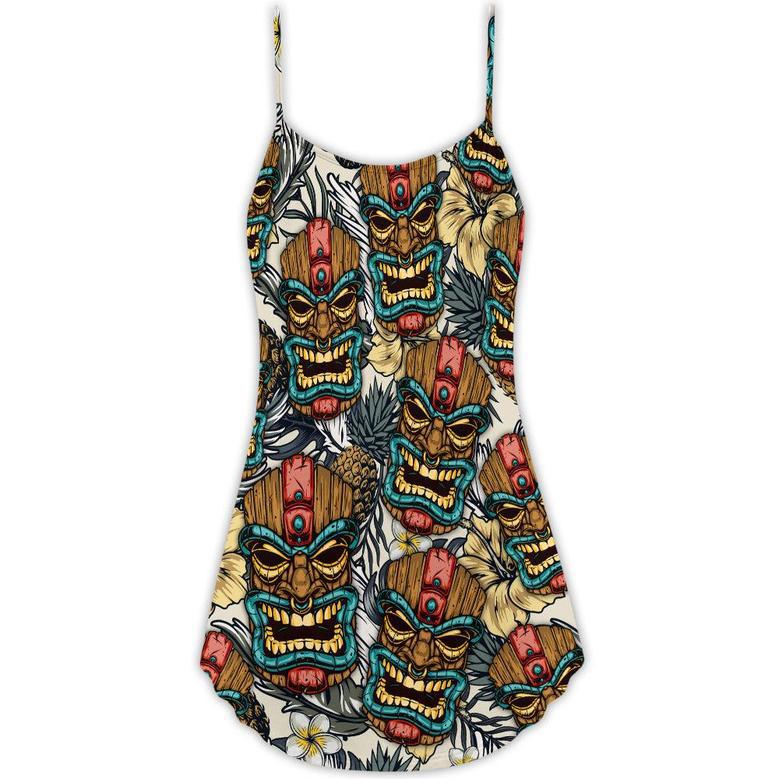 Tiki Tribal Mask With Tropical Leaves - V-Neck Sleeveless Cami Dress