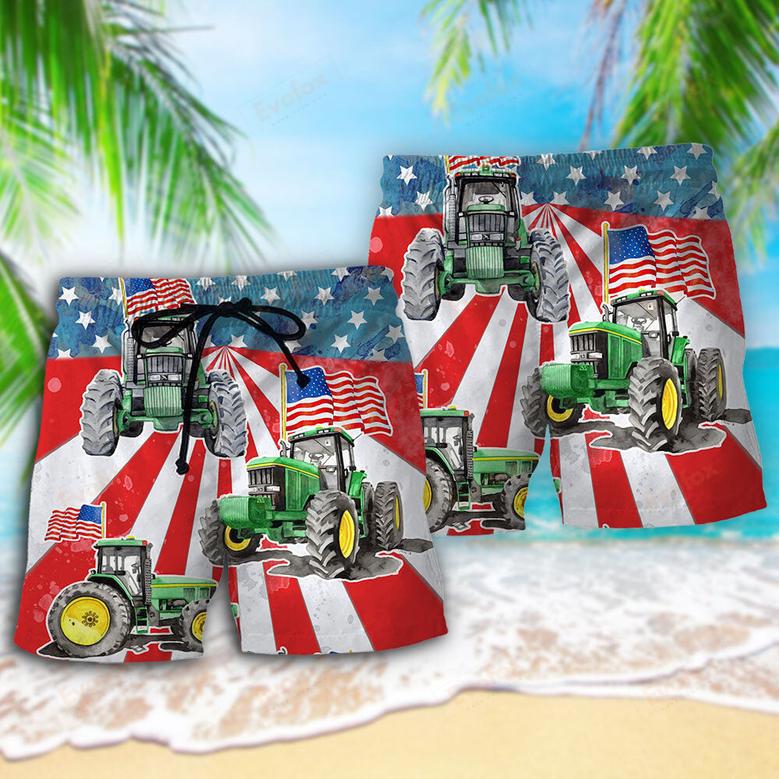 Tractor Independence Day Watercolor Tractor US Flag Beach Short