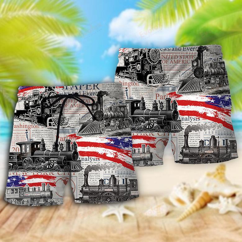 Train Independence Day Retro Train US Flag Beach Short