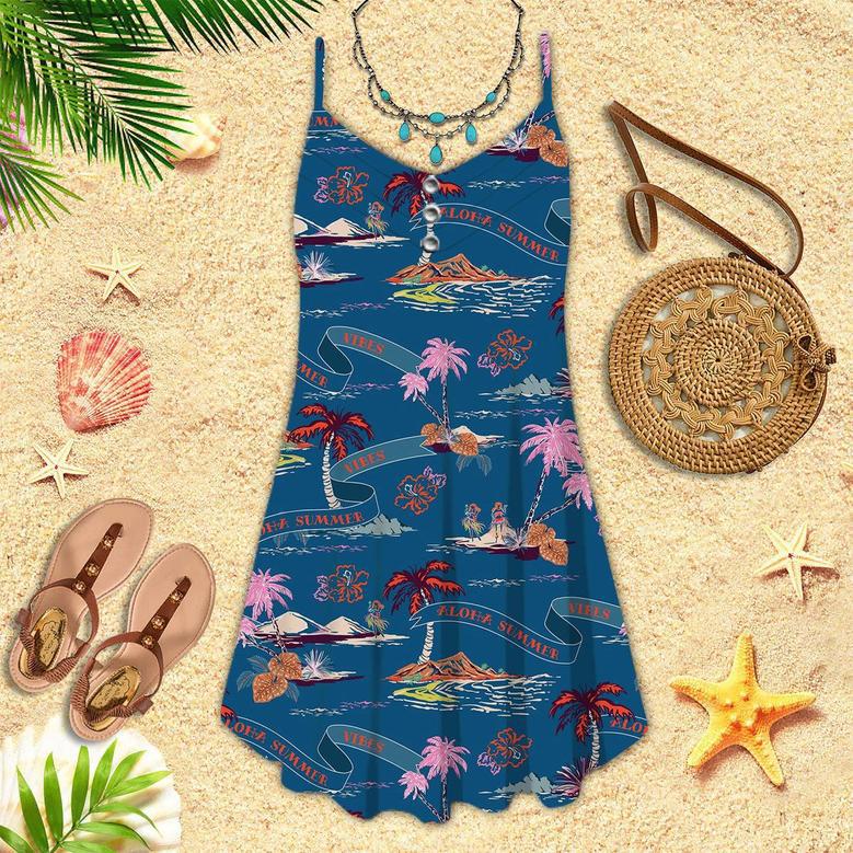 Trendy Tropical Island On Dark Ocean Blue Palm Trees Beach Spaghetti Strap Summer Dress